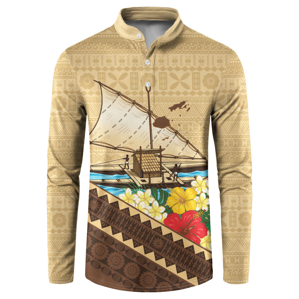 Personalised Bula Vinaka Fiji Drua Button Sweatshirt Fijian Traditional Canoe Tapa Cloth Beige