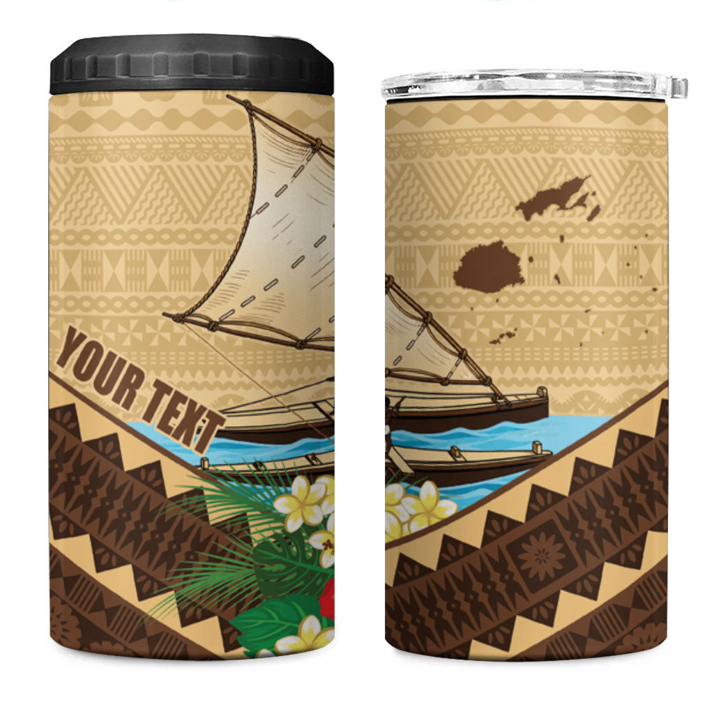 Personalised Bula Vinaka Fiji Drua 4 in 1 Can Cooler Tumbler Fijian Traditional Canoe Tapa Cloth Beige