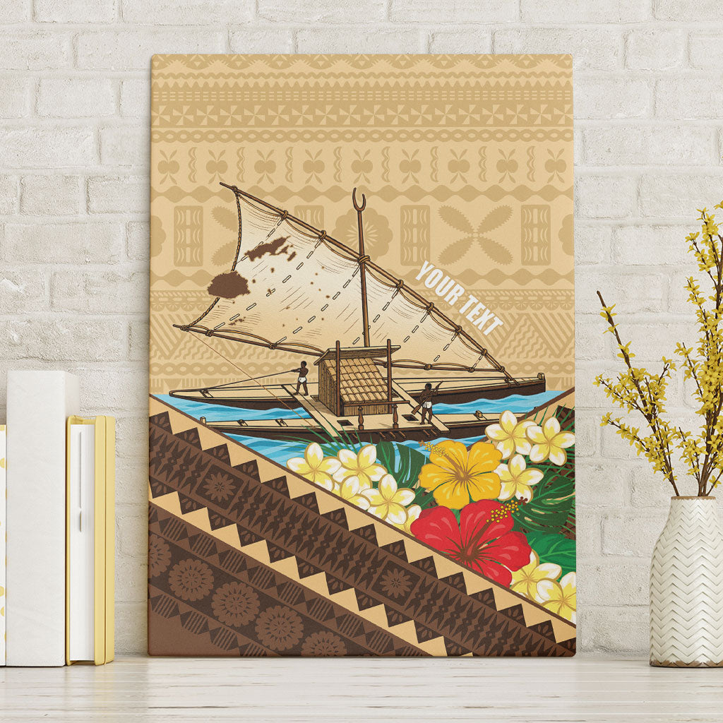 Personalised Bula Vinaka Fiji Drua Canvas Wall Art Fijian Traditional Canoe Tapa Cloth Beige