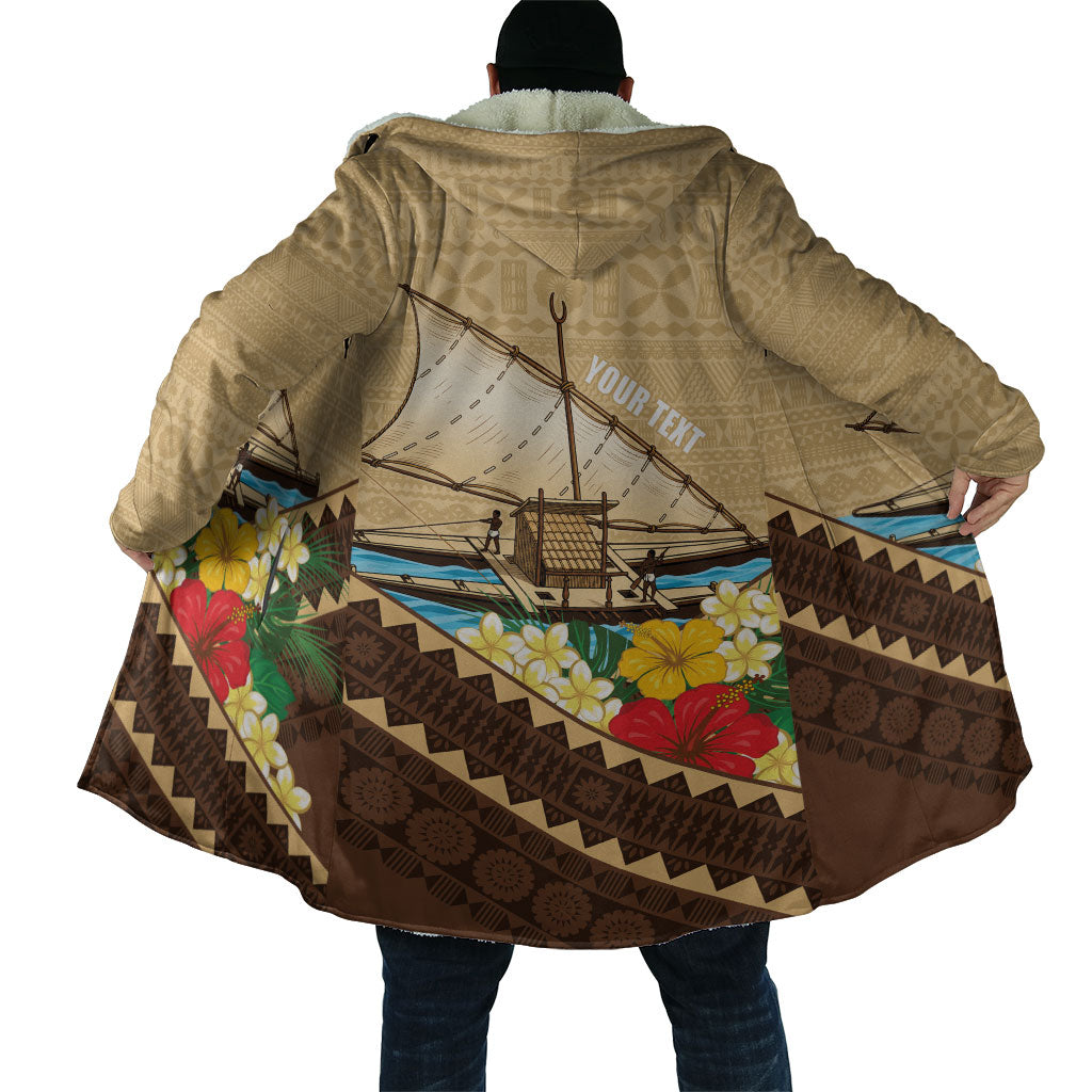 Personalised Bula Vinaka Fiji Drua Cloak Fijian Traditional Canoe Tapa Cloth Beige LT14 - Polynesian Pride