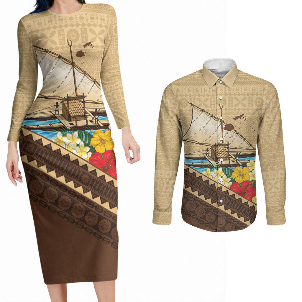 Personalised Bula Vinaka Fiji Drua Couples Matching Long Sleeve Bodycon Dress and Long Sleeve Button Shirt Fijian Traditional Canoe Tapa Cloth Beige