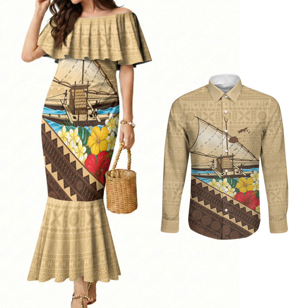 Personalised Bula Vinaka Fiji Drua Couples Matching Mermaid Dress and Long Sleeve Button Shirt Fijian Traditional Canoe Tapa Cloth Beige