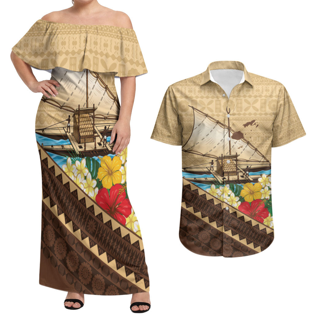 Personalised Bula Vinaka Fiji Drua Couples Matching Off Shoulder Maxi Dress and Hawaiian Shirt Fijian Traditional Canoe Tapa Cloth Beige