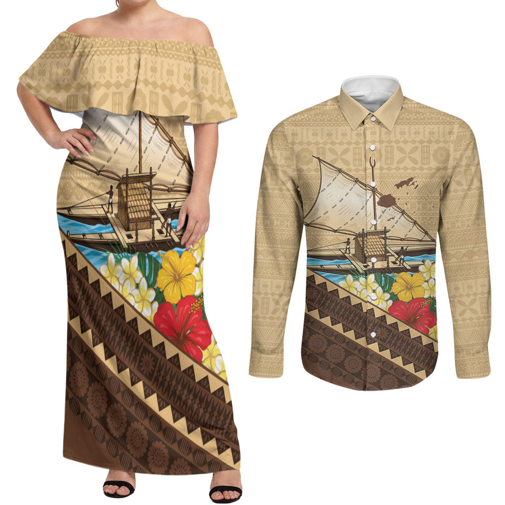 Personalised Bula Vinaka Fiji Drua Couples Matching Off Shoulder Maxi Dress and Long Sleeve Button Shirt Fijian Traditional Canoe Tapa Cloth Beige