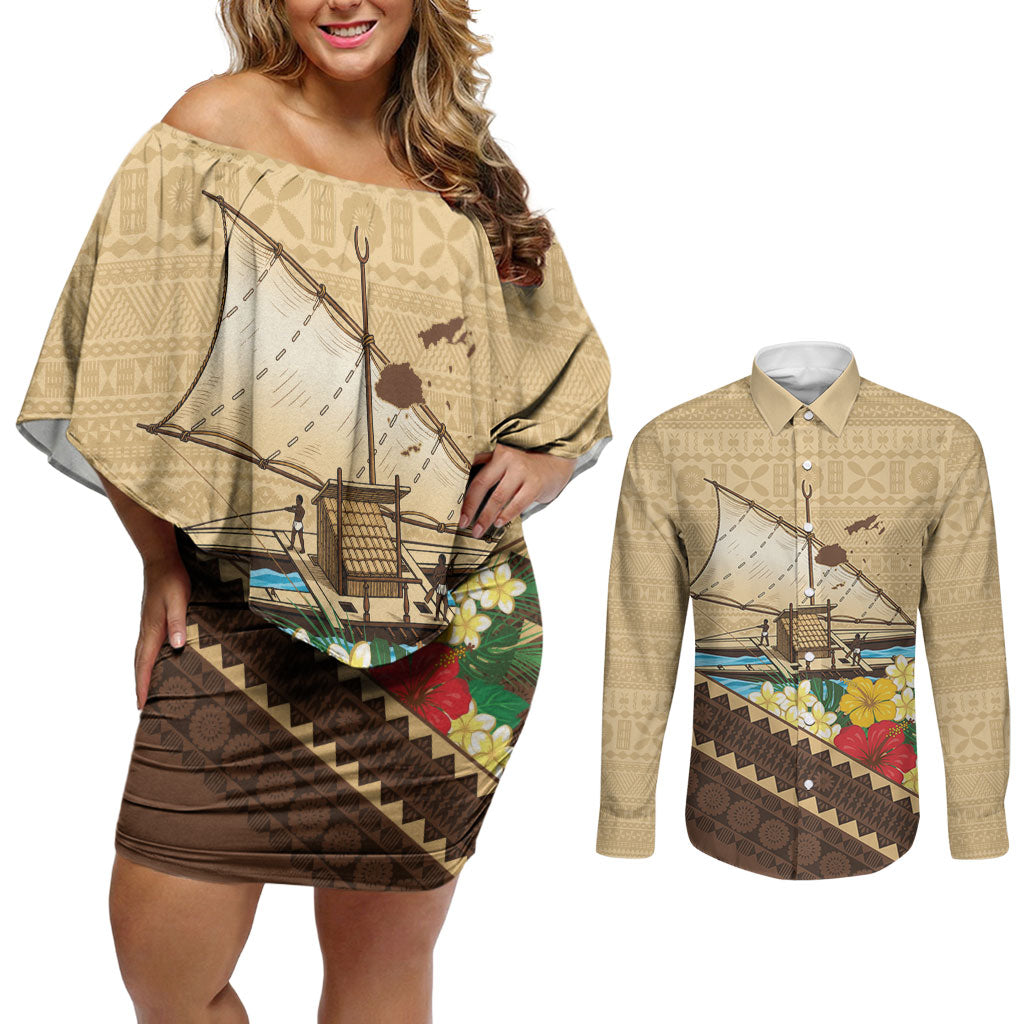 Personalised Bula Vinaka Fiji Drua Couples Matching Off Shoulder Short Dress and Long Sleeve Button Shirt Fijian Traditional Canoe Tapa Cloth Beige LT14 Beige - Polynesian Pride