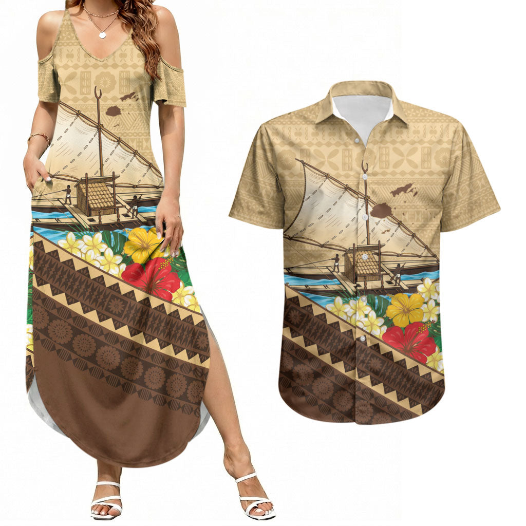 Personalised Bula Vinaka Fiji Drua Couples Matching Summer Maxi Dress and Hawaiian Shirt Fijian Traditional Canoe Tapa Cloth Beige