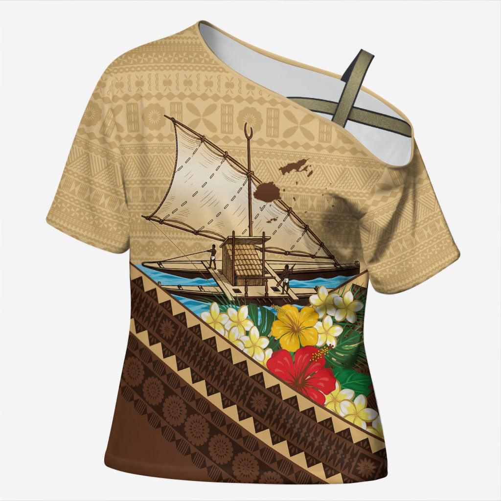 Personalised Bula Vinaka Fiji Drua Cross Shoulder Shirt Fijian Traditional Canoe Tapa Cloth Beige