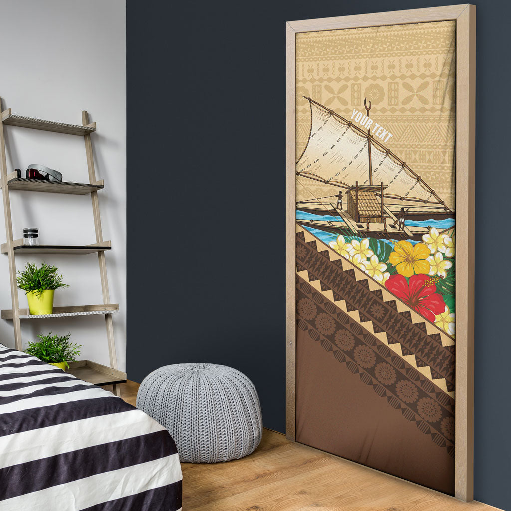 Personalised Bula Vinaka Fiji Drua Door Cover Fijian Traditional Canoe Tapa Cloth Beige LT14 - Polynesian Pride