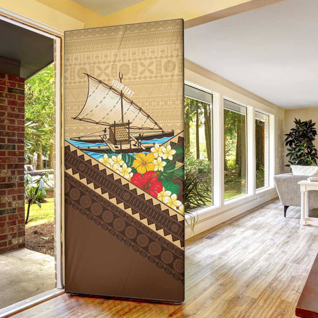 Personalised Bula Vinaka Fiji Drua Door Cover Fijian Traditional Canoe Tapa Cloth Beige LT14 - Polynesian Pride