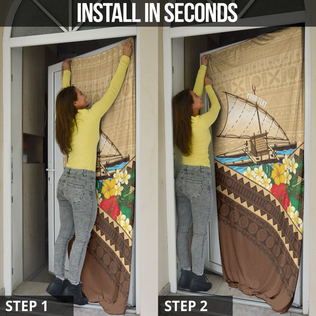 Personalised Bula Vinaka Fiji Drua Door Cover Fijian Traditional Canoe Tapa Cloth Beige LT14 - Polynesian Pride