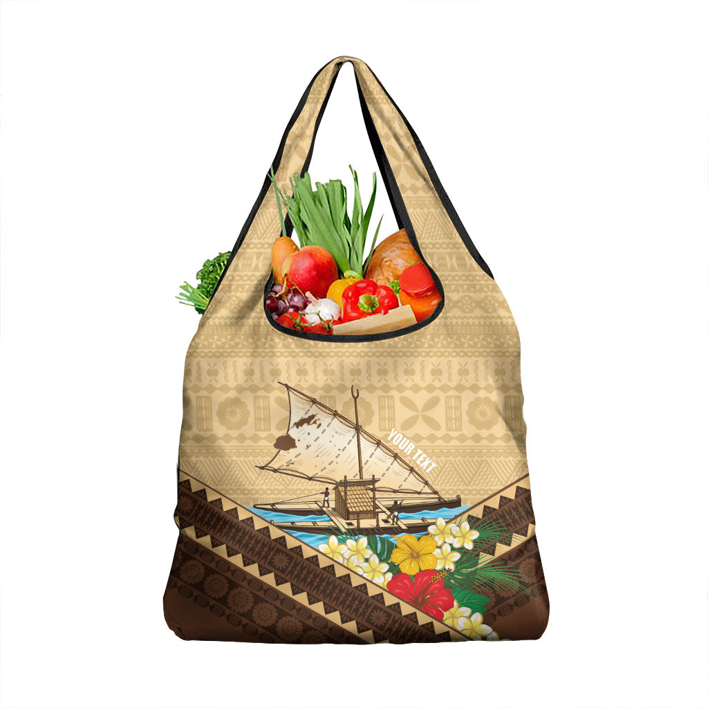 Personalised Bula Vinaka Fiji Drua Grocery Bag Fijian Traditional Canoe Tapa Cloth Beige