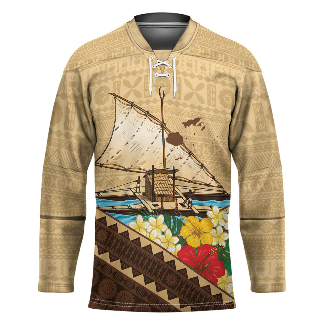 Personalised Bula Vinaka Fiji Drua Hockey Jersey Fijian Traditional Canoe Tapa Cloth Beige