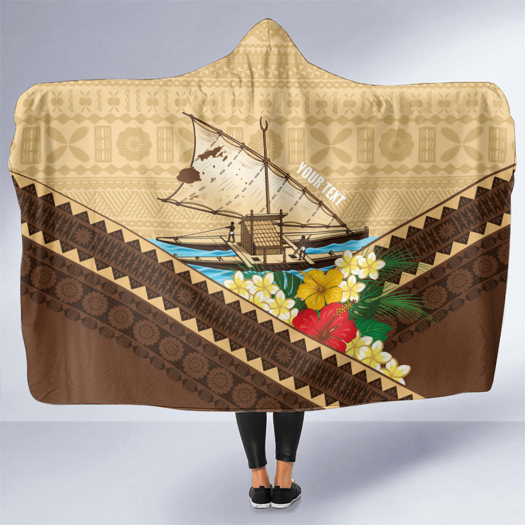 Personalised Bula Vinaka Fiji Drua Hooded Blanket Fijian Traditional Canoe Tapa Cloth Beige