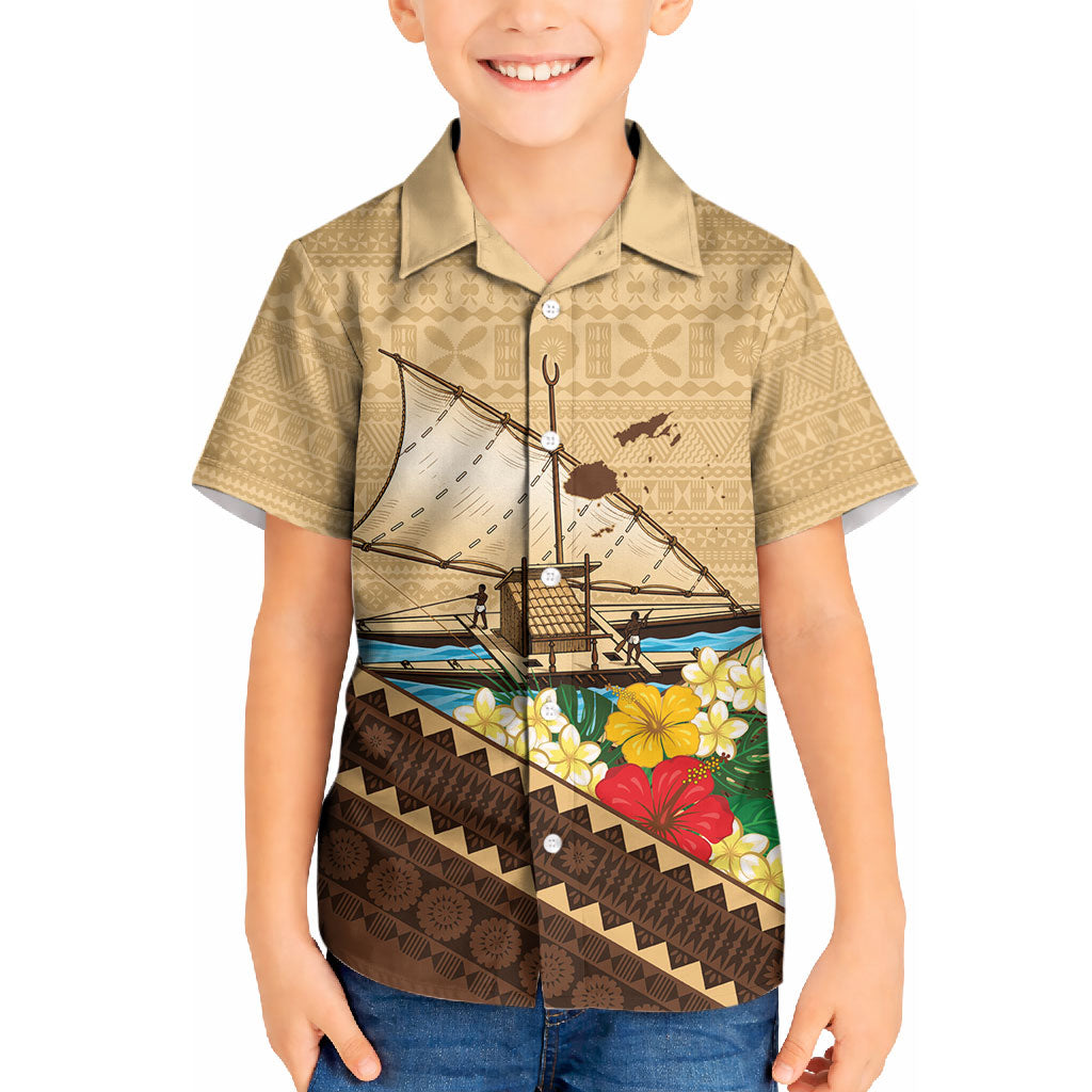 Personalised Bula Vinaka Fiji Drua Kid Hawaiian Shirt Fijian Traditional Canoe Tapa Cloth Beige