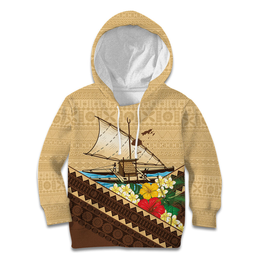 Personalised Bula Vinaka Fiji Drua Kid Hoodie Fijian Traditional Canoe Tapa Cloth Beige