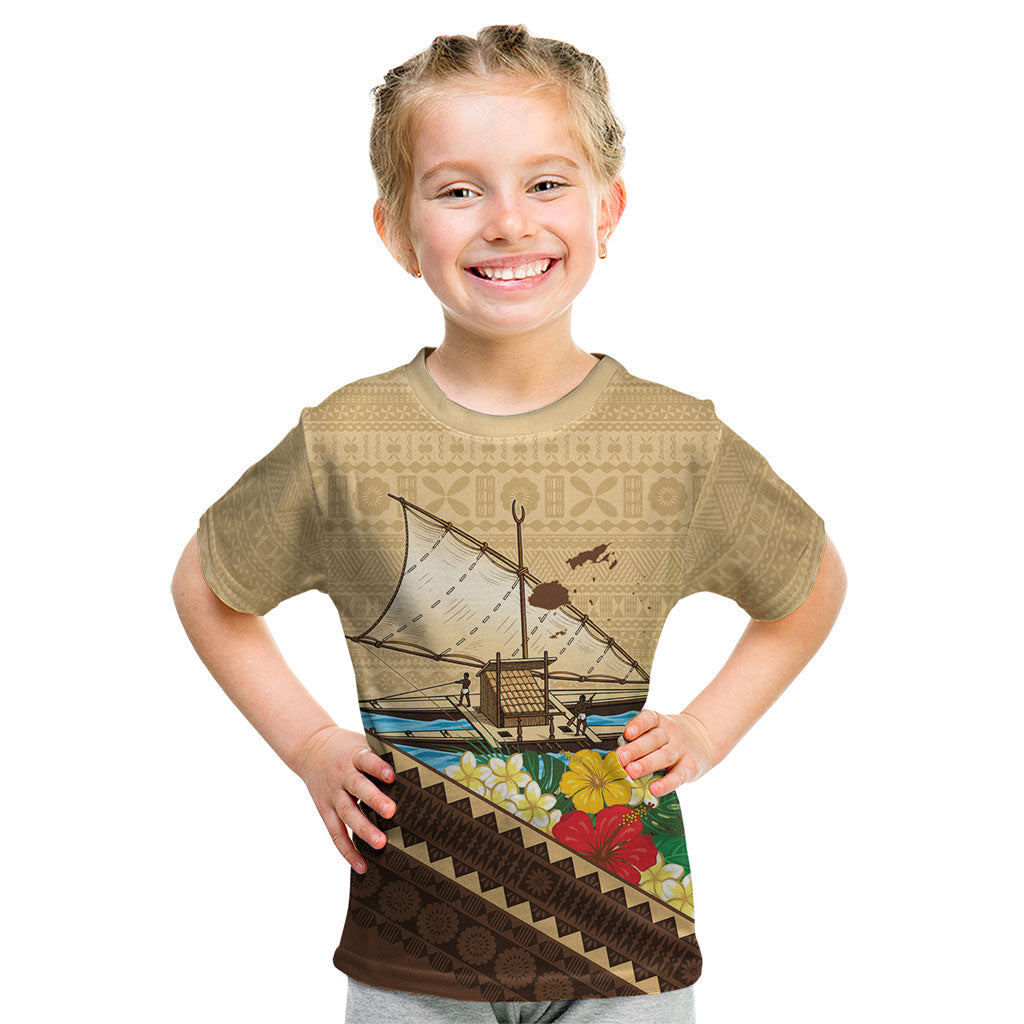 Personalised Bula Vinaka Fiji Drua Kid T Shirt Fijian Traditional Canoe Tapa Cloth Beige