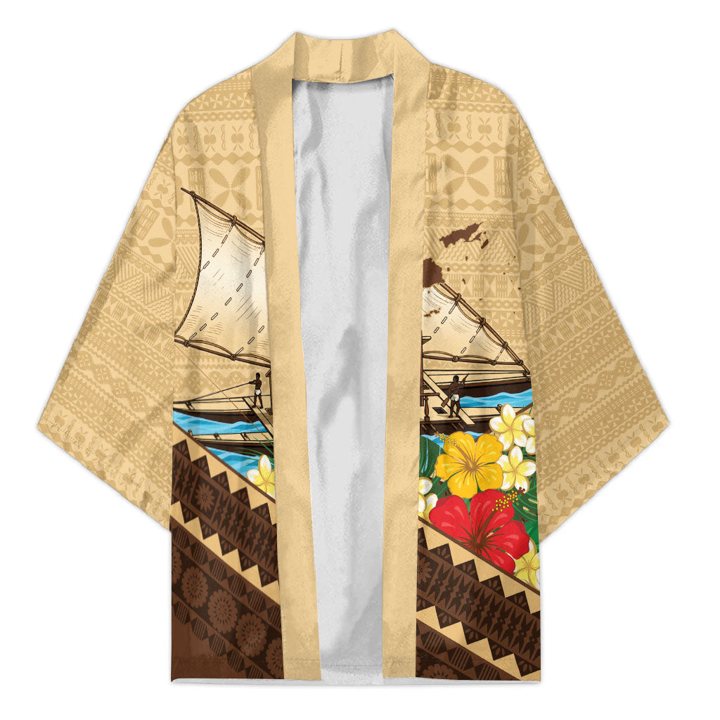 Personalised Bula Vinaka Fiji Drua Kimono Fijian Traditional Canoe Tapa Cloth Beige