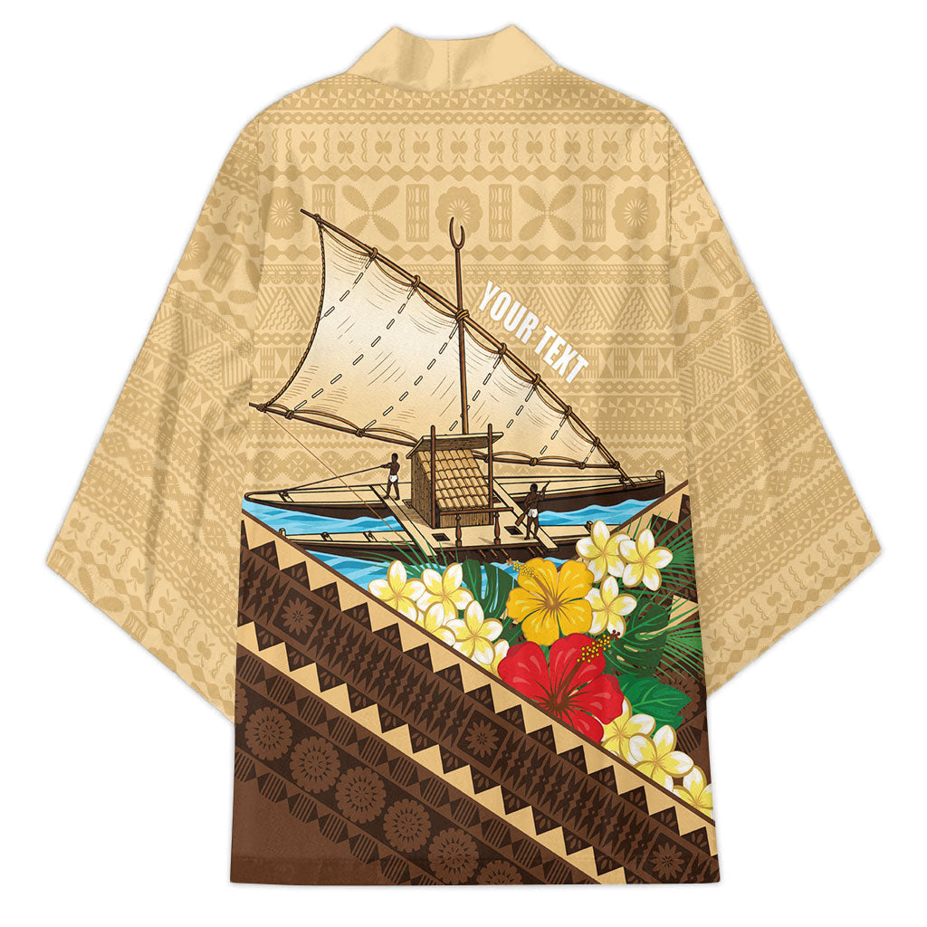 Personalised Bula Vinaka Fiji Drua Kimono Fijian Traditional Canoe Tapa Cloth Beige LT14 - Polynesian Pride