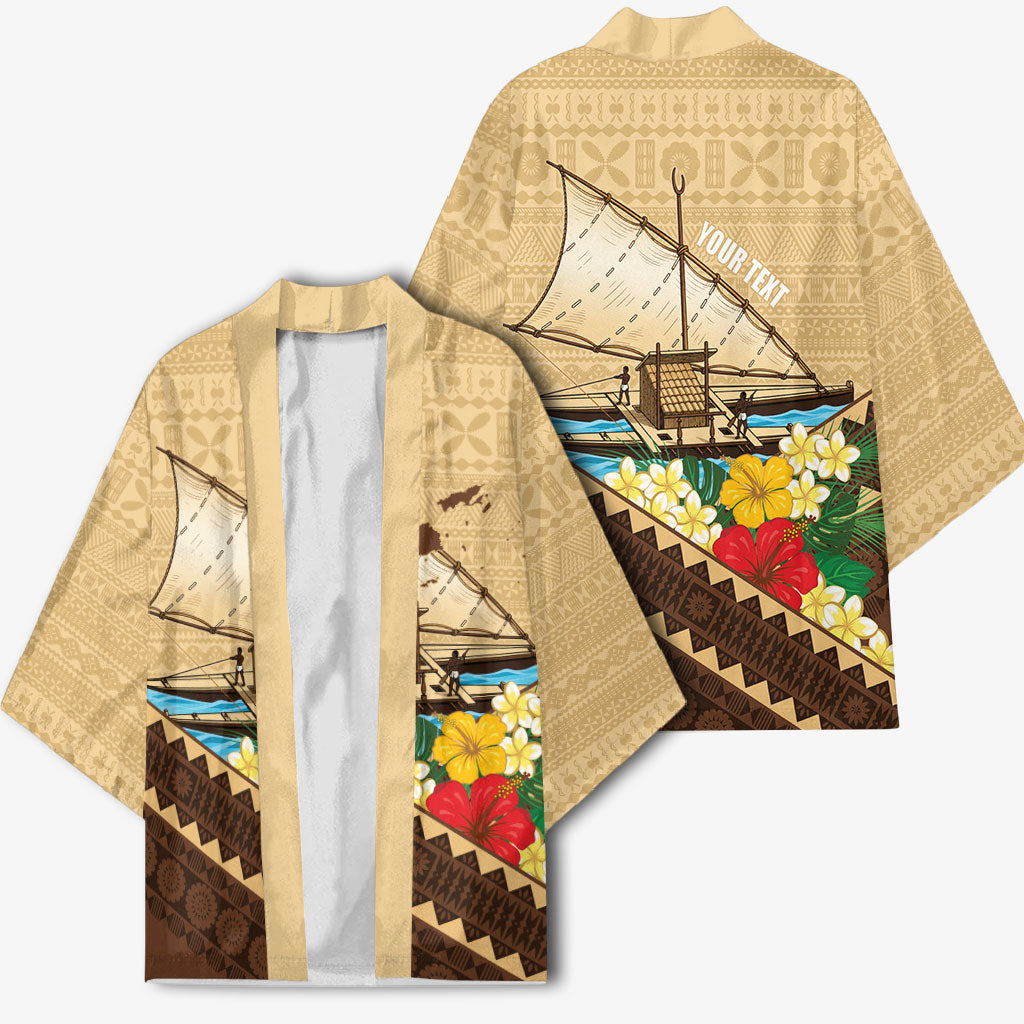 Personalised Bula Vinaka Fiji Drua Kimono Fijian Traditional Canoe Tapa Cloth Beige LT14 - Polynesian Pride