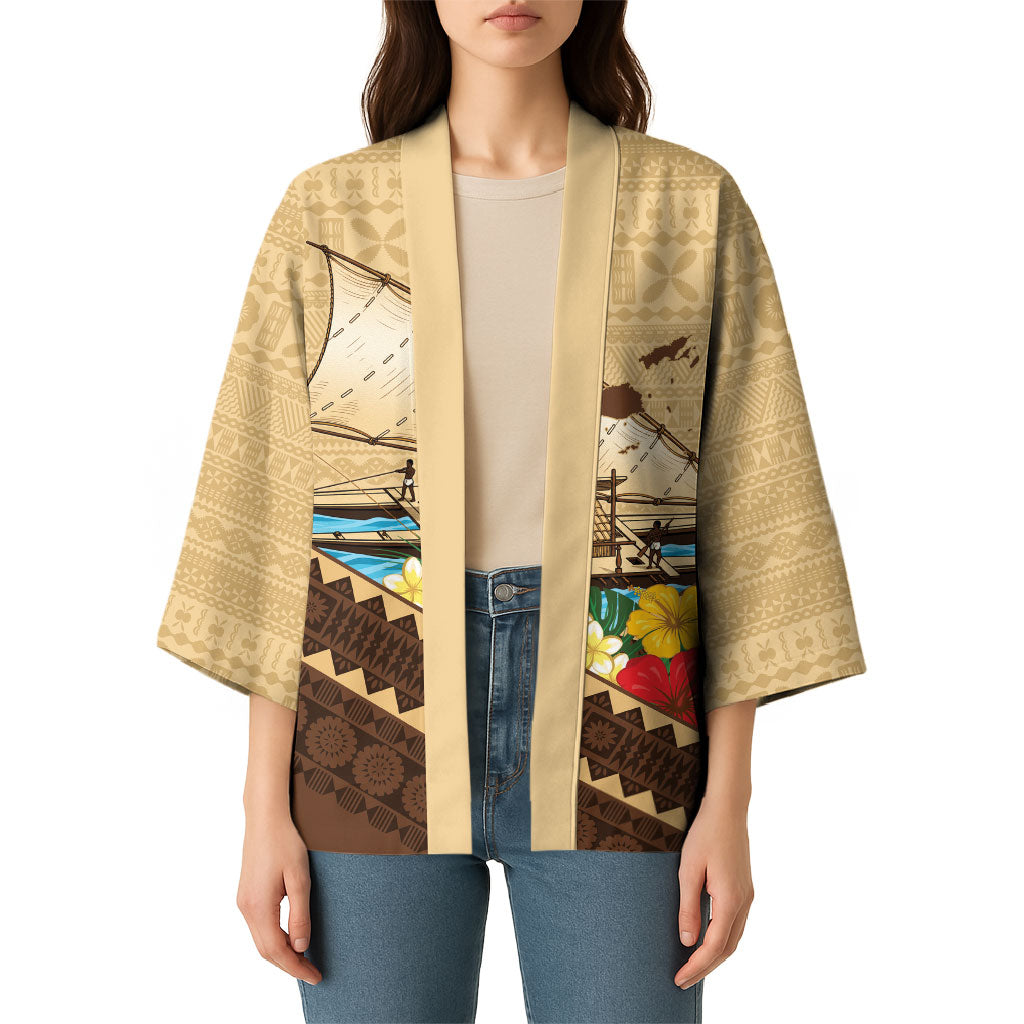 Personalised Bula Vinaka Fiji Drua Kimono Fijian Traditional Canoe Tapa Cloth Beige LT14 - Polynesian Pride