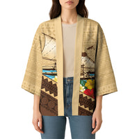 Personalised Bula Vinaka Fiji Drua Kimono Fijian Traditional Canoe Tapa Cloth Beige LT14 - Polynesian Pride