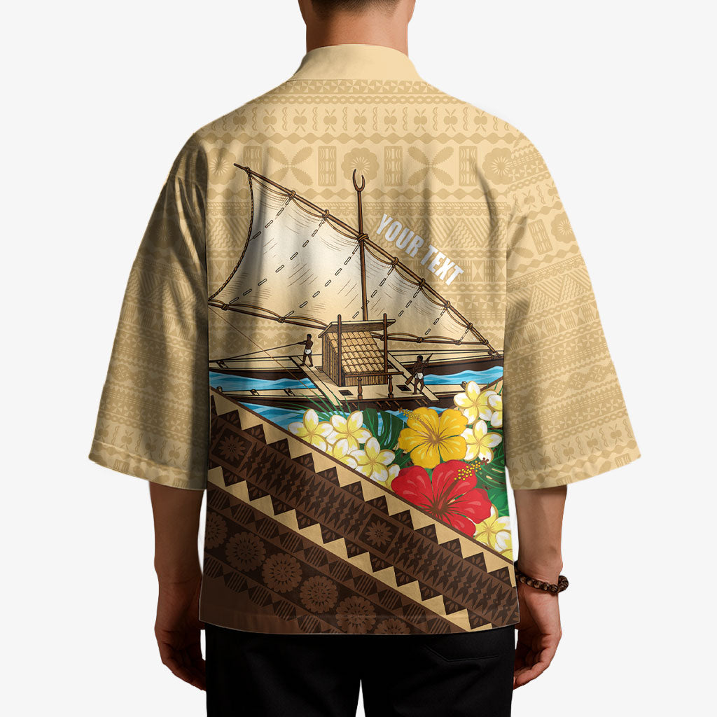 Personalised Bula Vinaka Fiji Drua Kimono Fijian Traditional Canoe Tapa Cloth Beige LT14 - Polynesian Pride