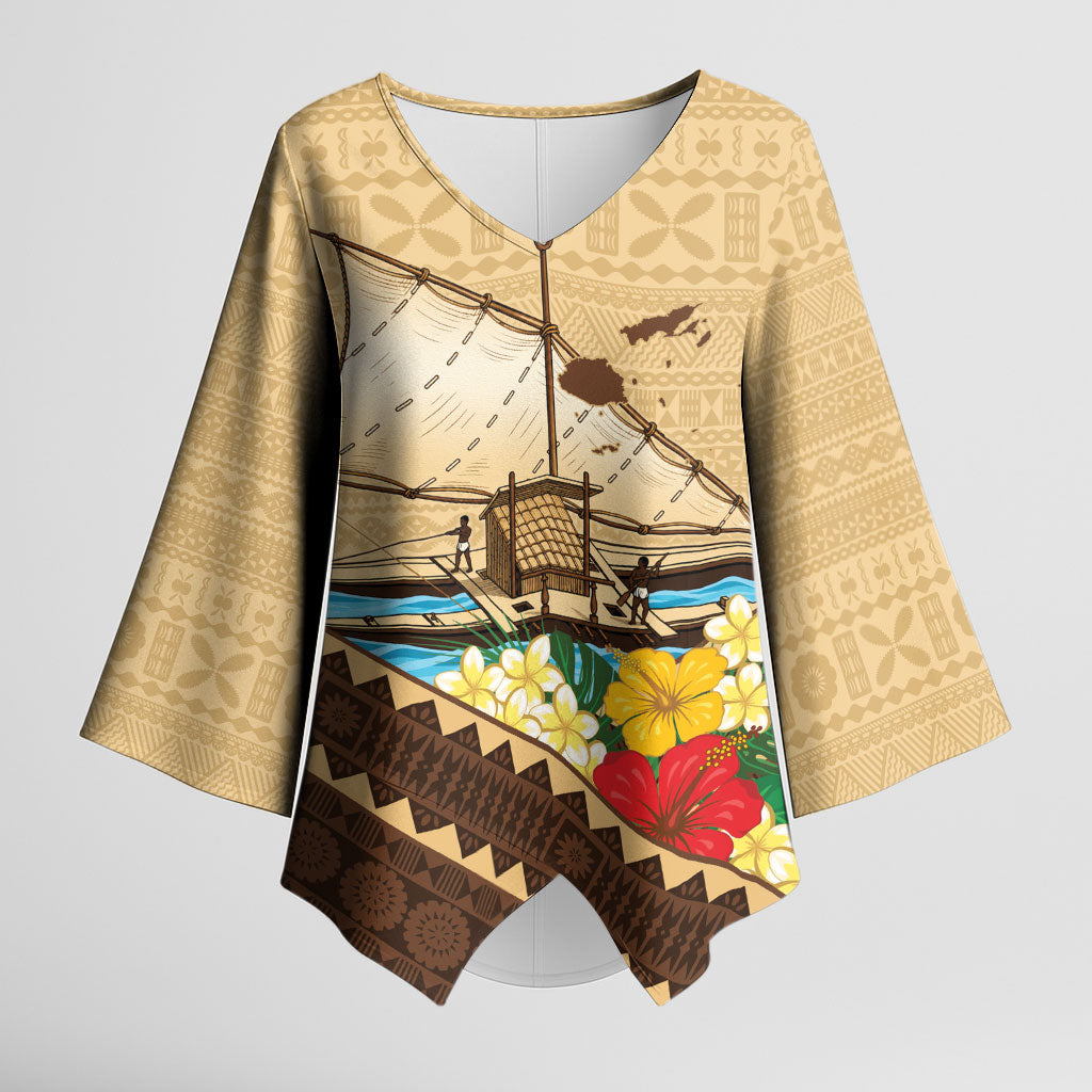 Personalised Bula Vinaka Fiji Drua Kimono Sleeve Blouse Fijian Traditional Canoe Tapa Cloth Beige