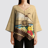 Personalised Bula Vinaka Fiji Drua Kimono Sleeve Blouse Fijian Traditional Canoe Tapa Cloth Beige LT14 - Polynesian Pride