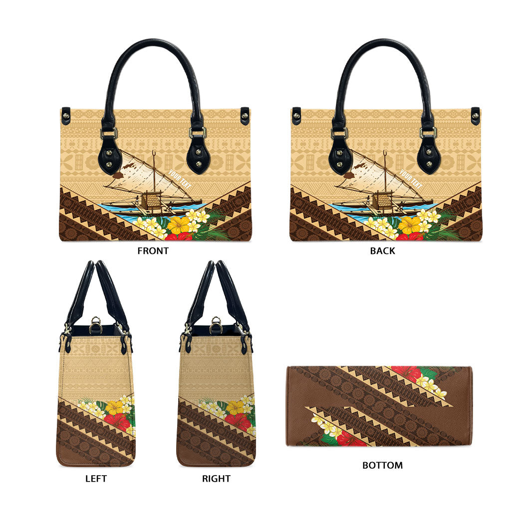 Personalised Bula Vinaka Fiji Drua Leather Bag Fijian Traditional Canoe Tapa Cloth Beige LT14 - Polynesian Pride
