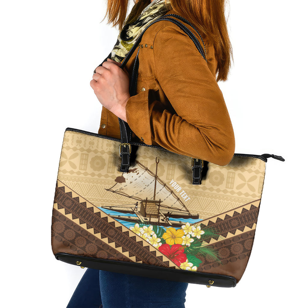 Personalised Bula Vinaka Fiji Drua Leather Tote Bag Fijian Traditional Canoe Tapa Cloth Beige