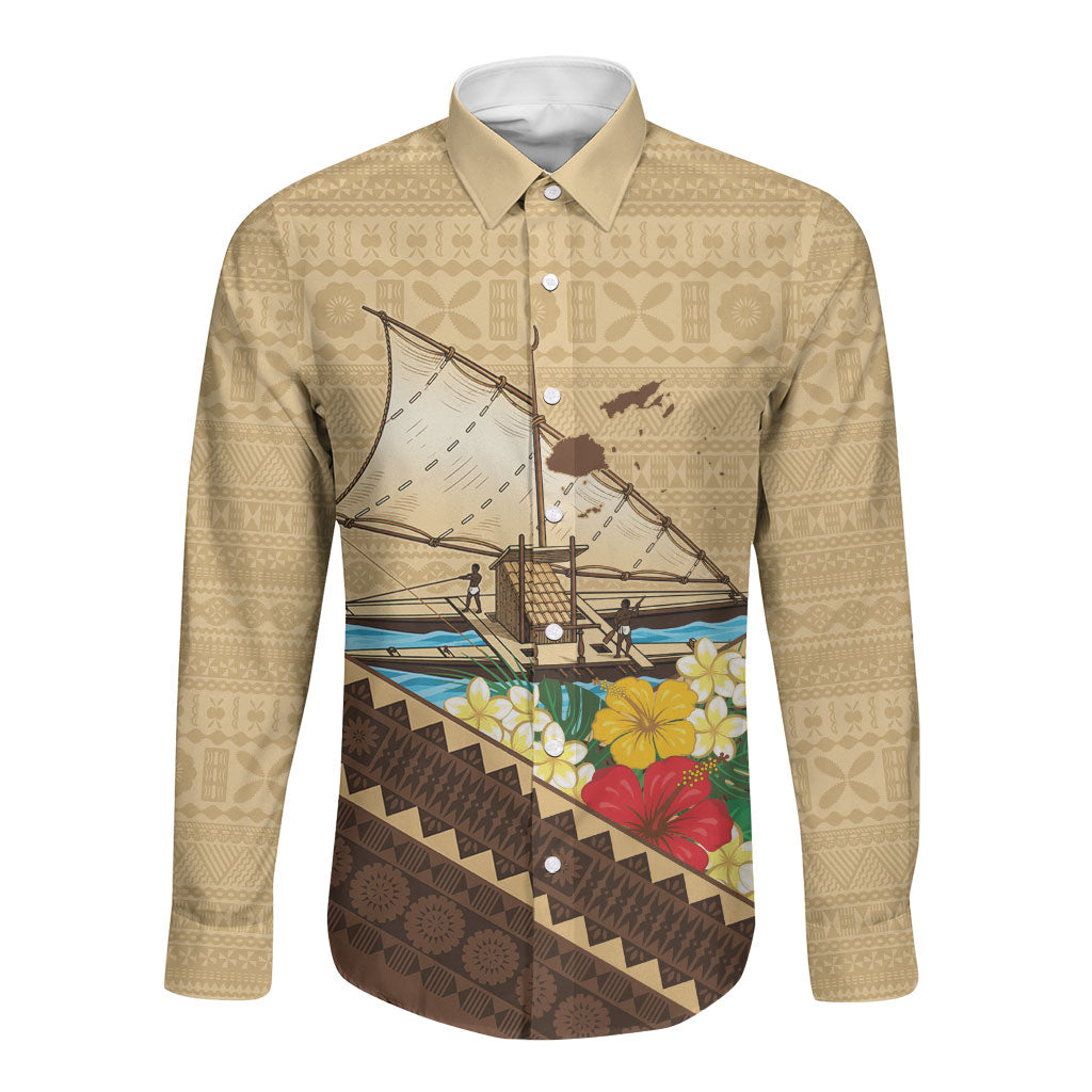 Personalised Bula Vinaka Fiji Drua Long Sleeve Button Shirt Fijian Traditional Canoe Tapa Cloth Beige