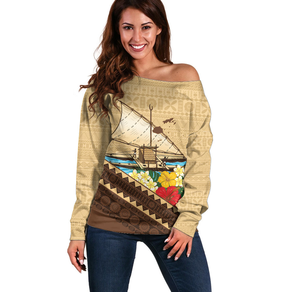 Personalised Bula Vinaka Fiji Drua Off Shoulder Sweater Fijian Traditional Canoe Tapa Cloth Beige