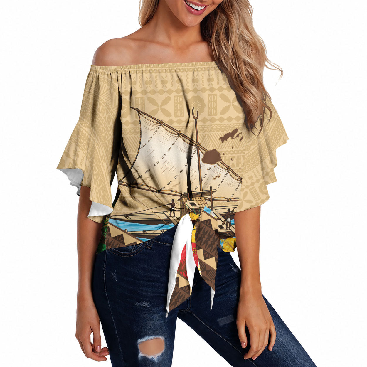 Personalised Bula Vinaka Fiji Drua Off Shoulder Wrap Waist Top Fijian Traditional Canoe Tapa Cloth Beige