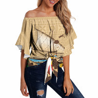 Personalised Bula Vinaka Fiji Drua Off Shoulder Wrap Waist Top Fijian Traditional Canoe Tapa Cloth Beige LT14 Beige - Polynesian Pride