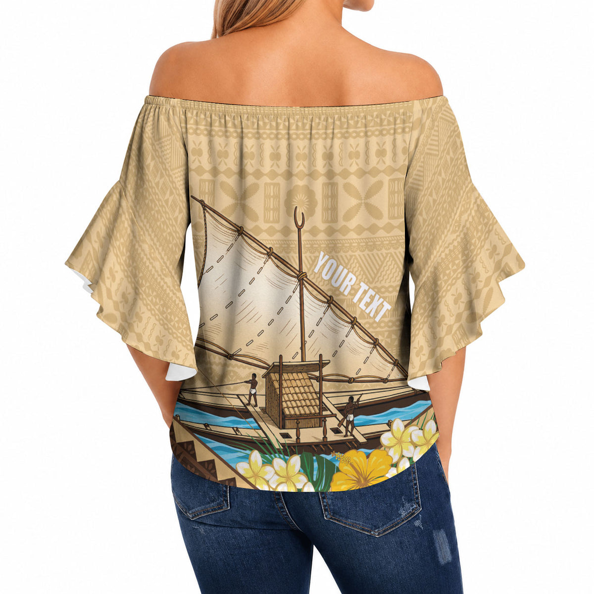 Personalised Bula Vinaka Fiji Drua Off Shoulder Wrap Waist Top Fijian Traditional Canoe Tapa Cloth Beige LT14 - Polynesian Pride