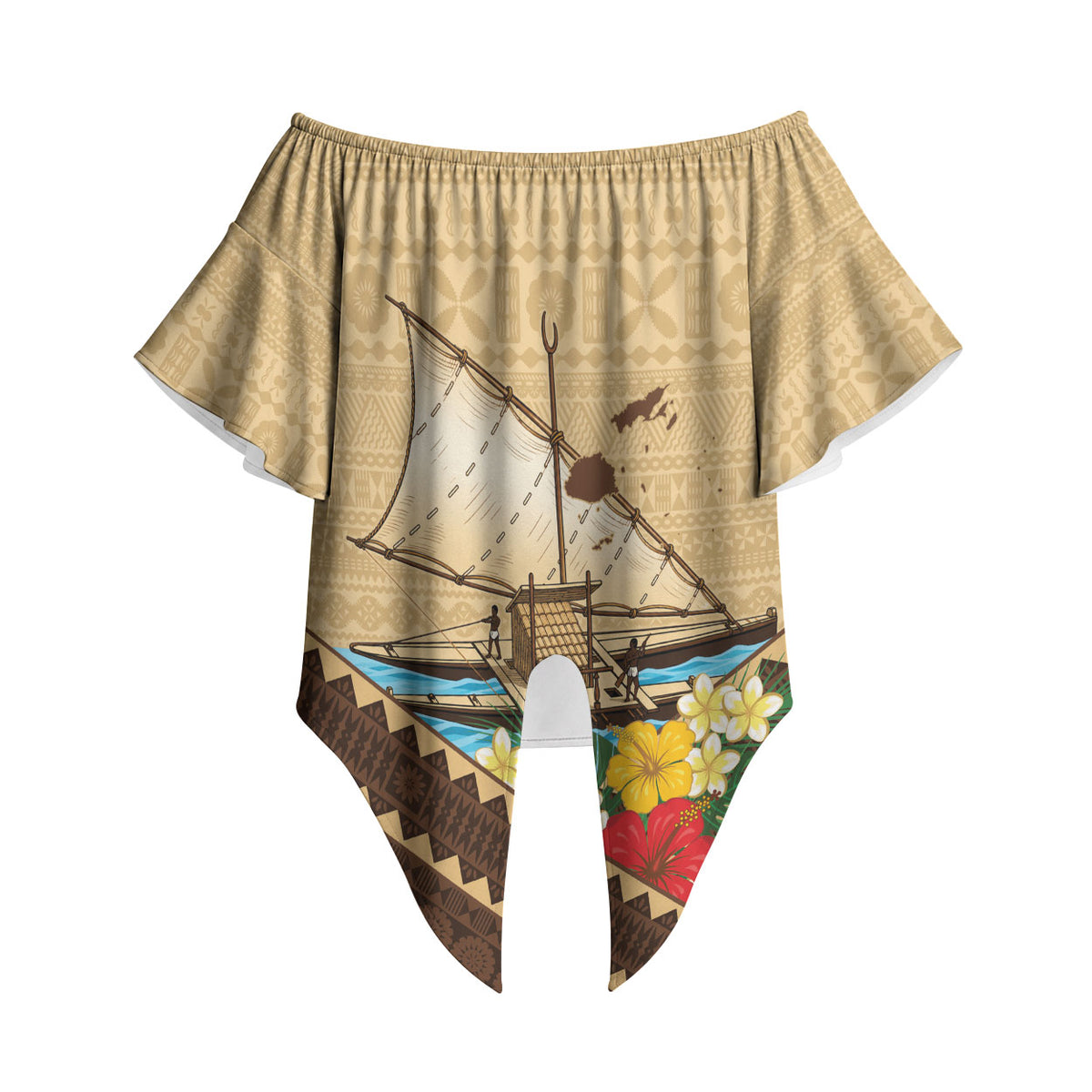 Personalised Bula Vinaka Fiji Drua Off Shoulder Wrap Waist Top Fijian Traditional Canoe Tapa Cloth Beige LT14 - Polynesian Pride