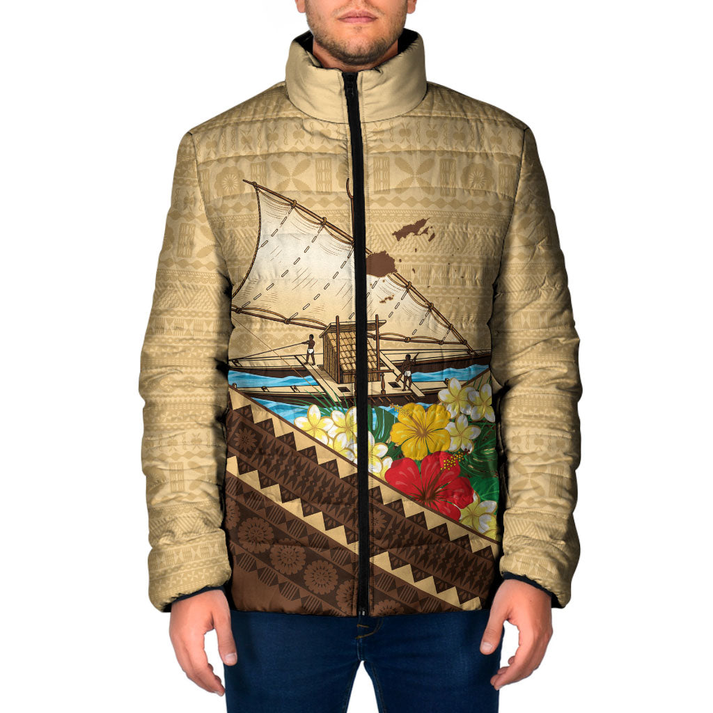 Personalised Bula Vinaka Fiji Drua Padded Jacket Fijian Traditional Canoe Tapa Cloth Beige