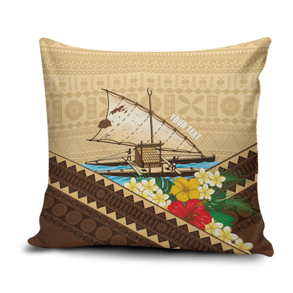 Personalised Bula Vinaka Fiji Drua Pillow Cover Fijian Traditional Canoe Tapa Cloth Beige