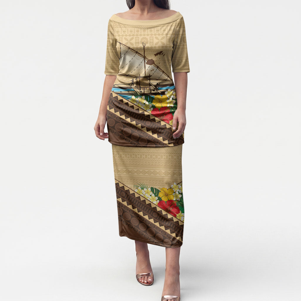 Personalised Bula Vinaka Fiji Drua Puletasi Fijian Traditional Canoe Tapa Cloth Beige
