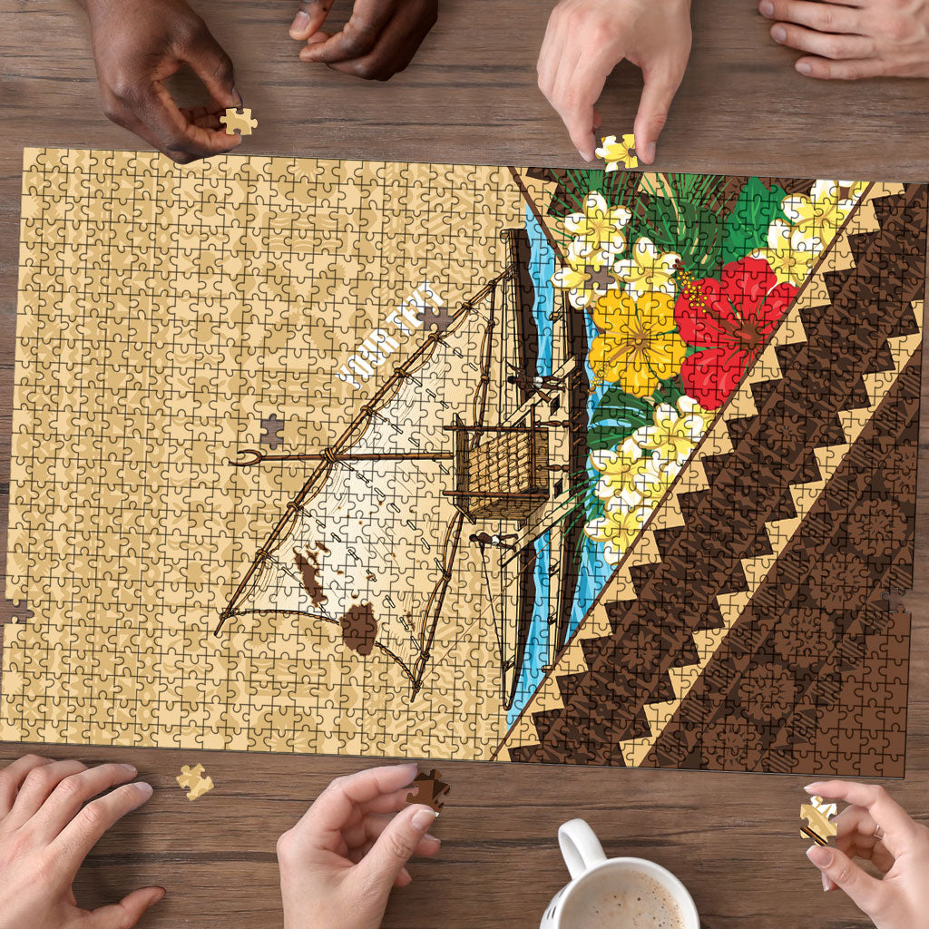 Personalised Bula Vinaka Fiji Drua Puzzle Fijian Traditional Canoe Tapa Cloth Beige LT14 - Polynesian Pride