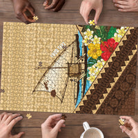 Personalised Bula Vinaka Fiji Drua Puzzle Fijian Traditional Canoe Tapa Cloth Beige LT14 - Polynesian Pride