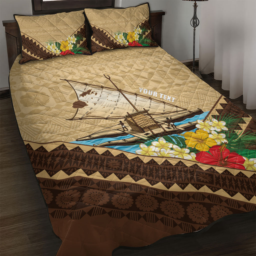 Personalised Bula Vinaka Fiji Drua Quilt Bed Set Fijian Traditional Canoe Tapa Cloth Beige