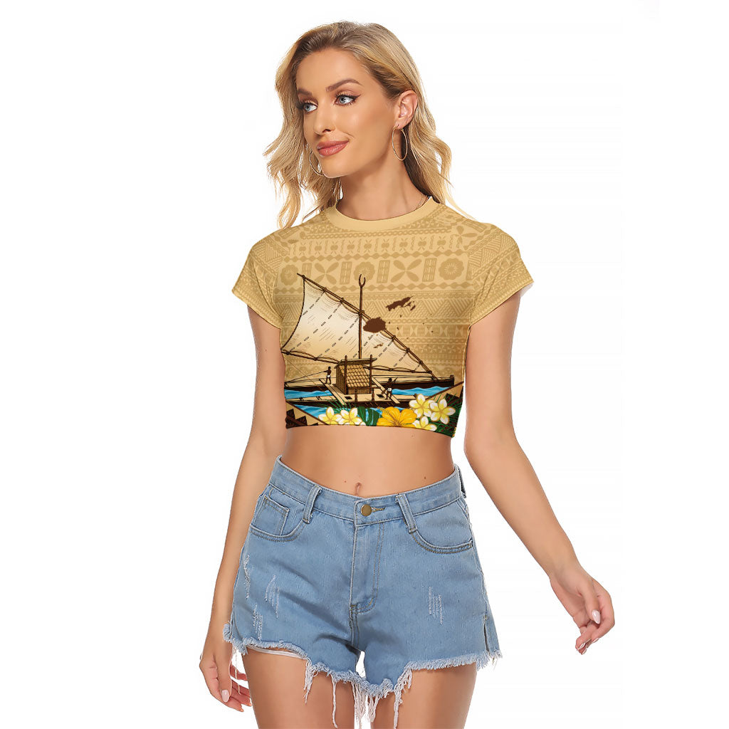 Personalised Bula Vinaka Fiji Drua Raglan Cropped T Shirt Fijian Traditional Canoe Tapa Cloth Beige