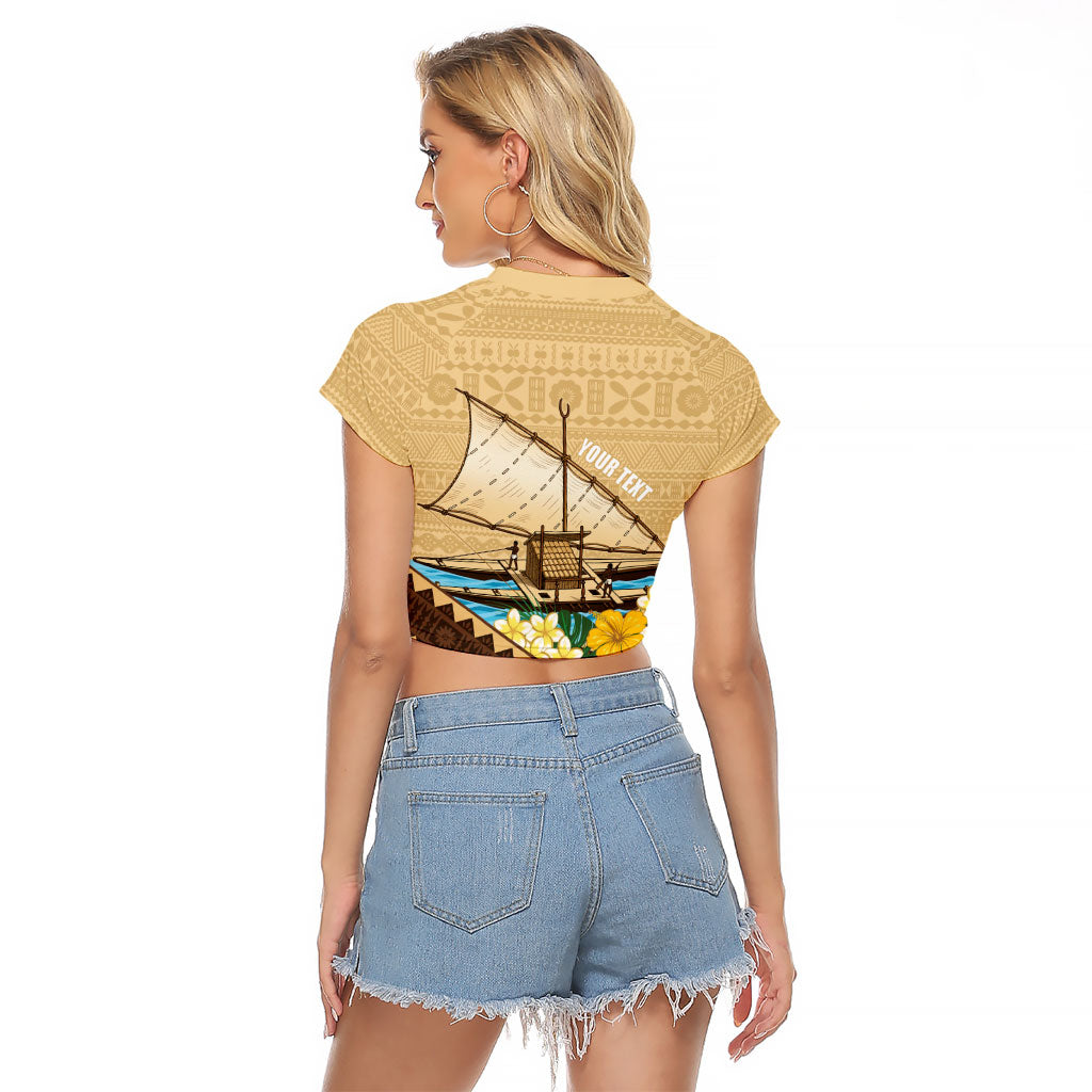Personalised Bula Vinaka Fiji Drua Raglan Cropped T Shirt Fijian Traditional Canoe Tapa Cloth Beige LT14 - Polynesian Pride