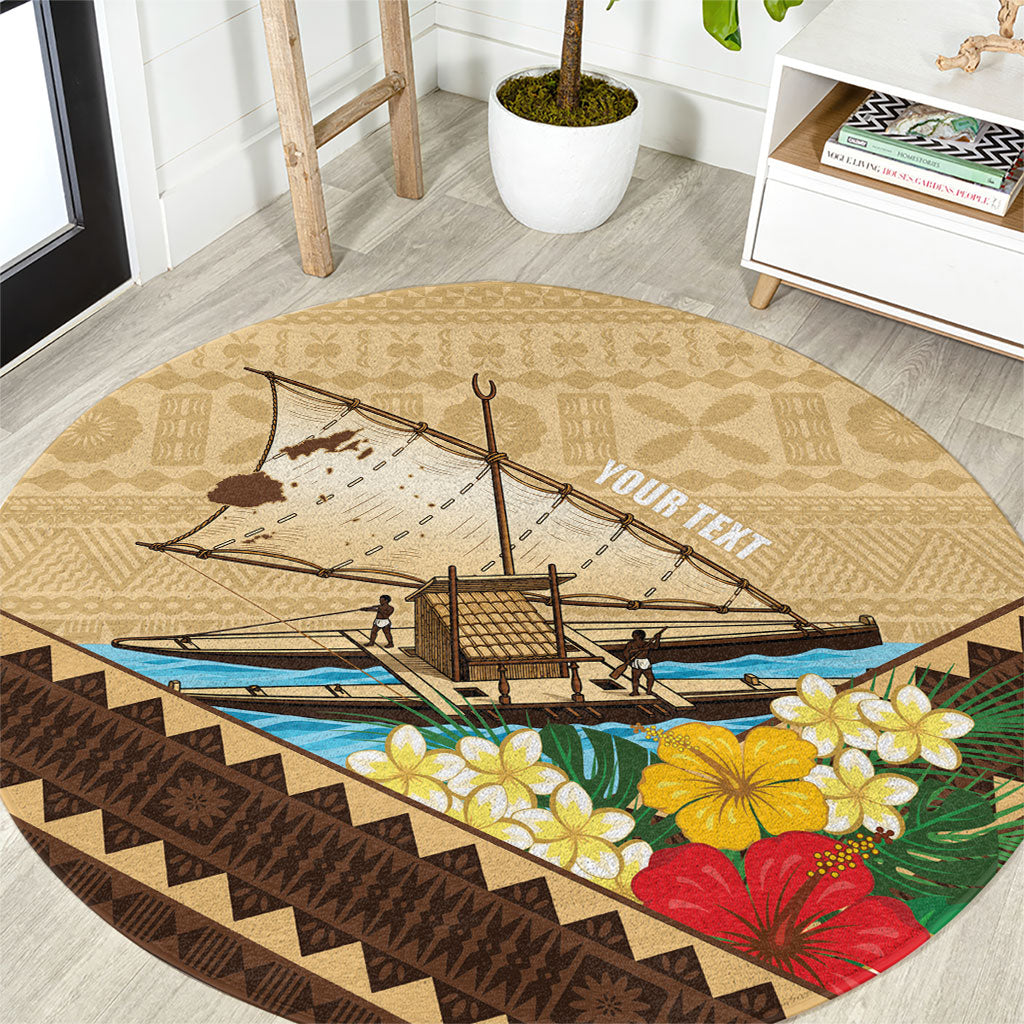 Personalised Bula Vinaka Fiji Drua Round Carpet Fijian Traditional Canoe Tapa Cloth Beige