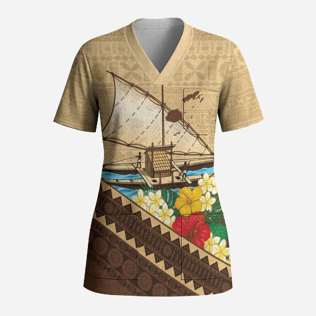 Personalised Bula Vinaka Fiji Drua Scrub Top Fijian Traditional Canoe Tapa Cloth Beige