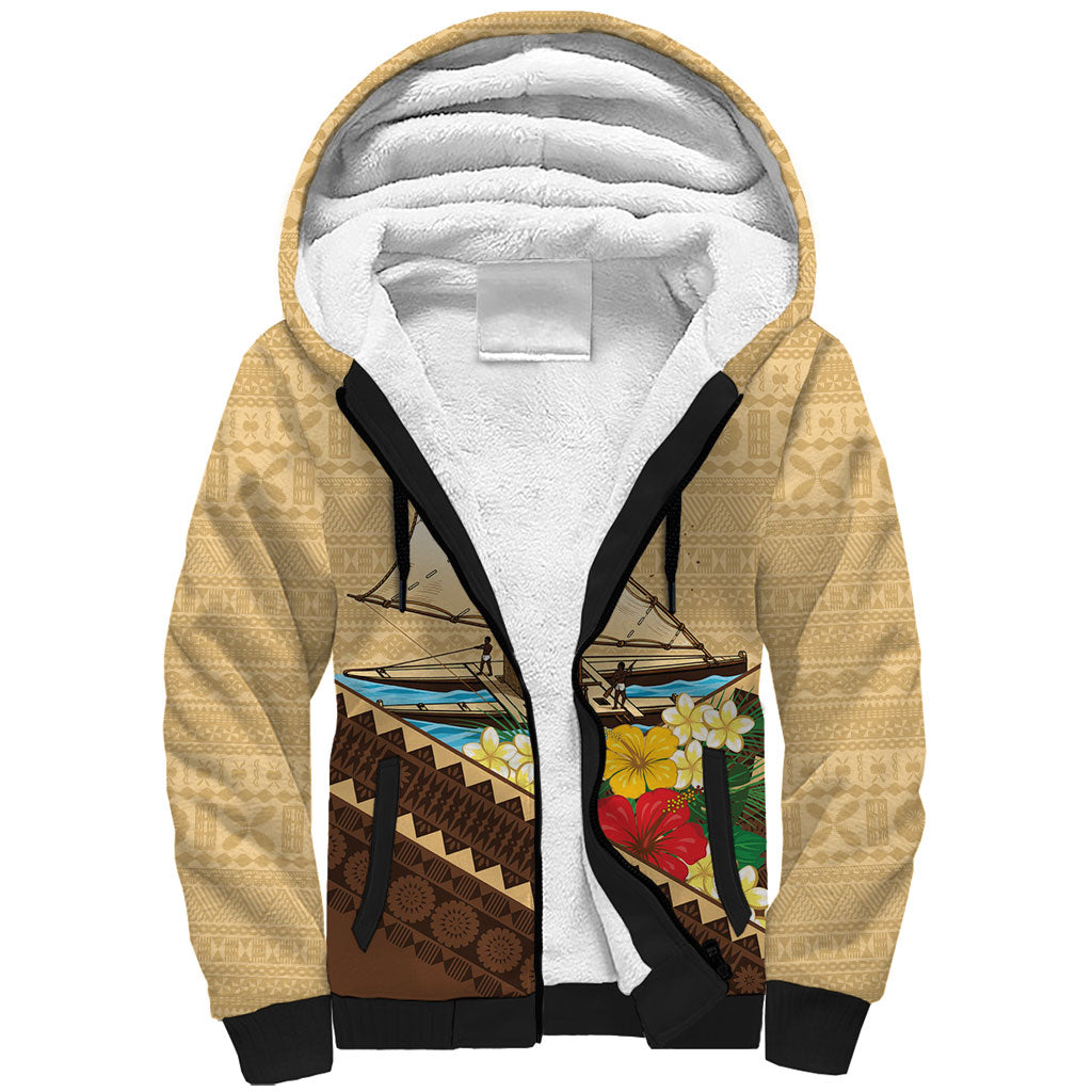 Personalised Bula Vinaka Fiji Drua Sherpa Hoodie Fijian Traditional Canoe Tapa Cloth Beige