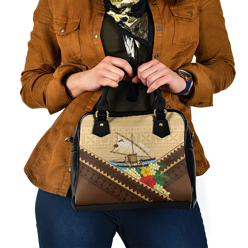 Personalised Bula Vinaka Fiji Drua Shoulder Handbag Fijian Traditional Canoe Tapa Cloth Beige LT14 - Polynesian Pride