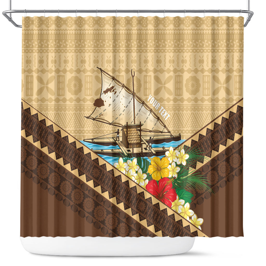 Personalised Bula Vinaka Fiji Drua Shower Curtain Fijian Traditional Canoe Tapa Cloth Beige