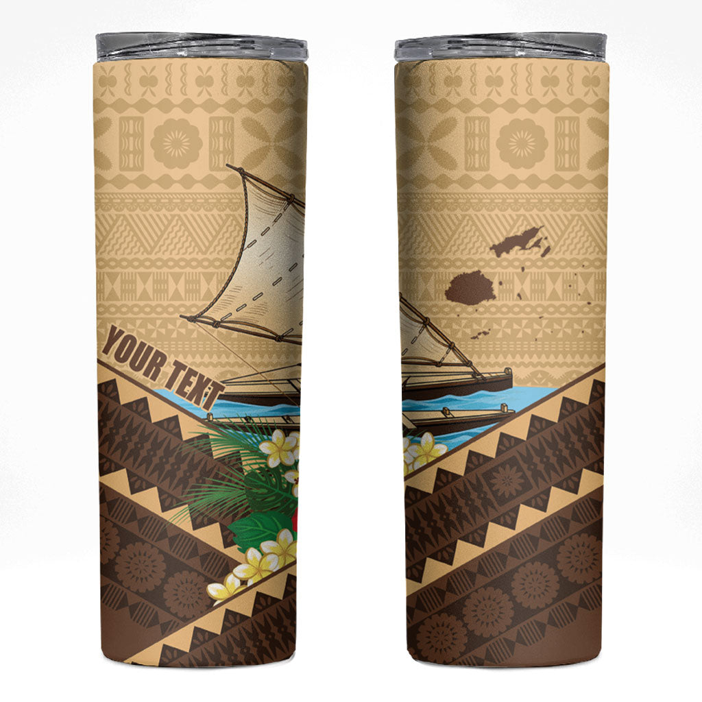 Personalised Bula Vinaka Fiji Drua Skinny Tumbler Fijian Traditional Canoe Tapa Cloth Beige